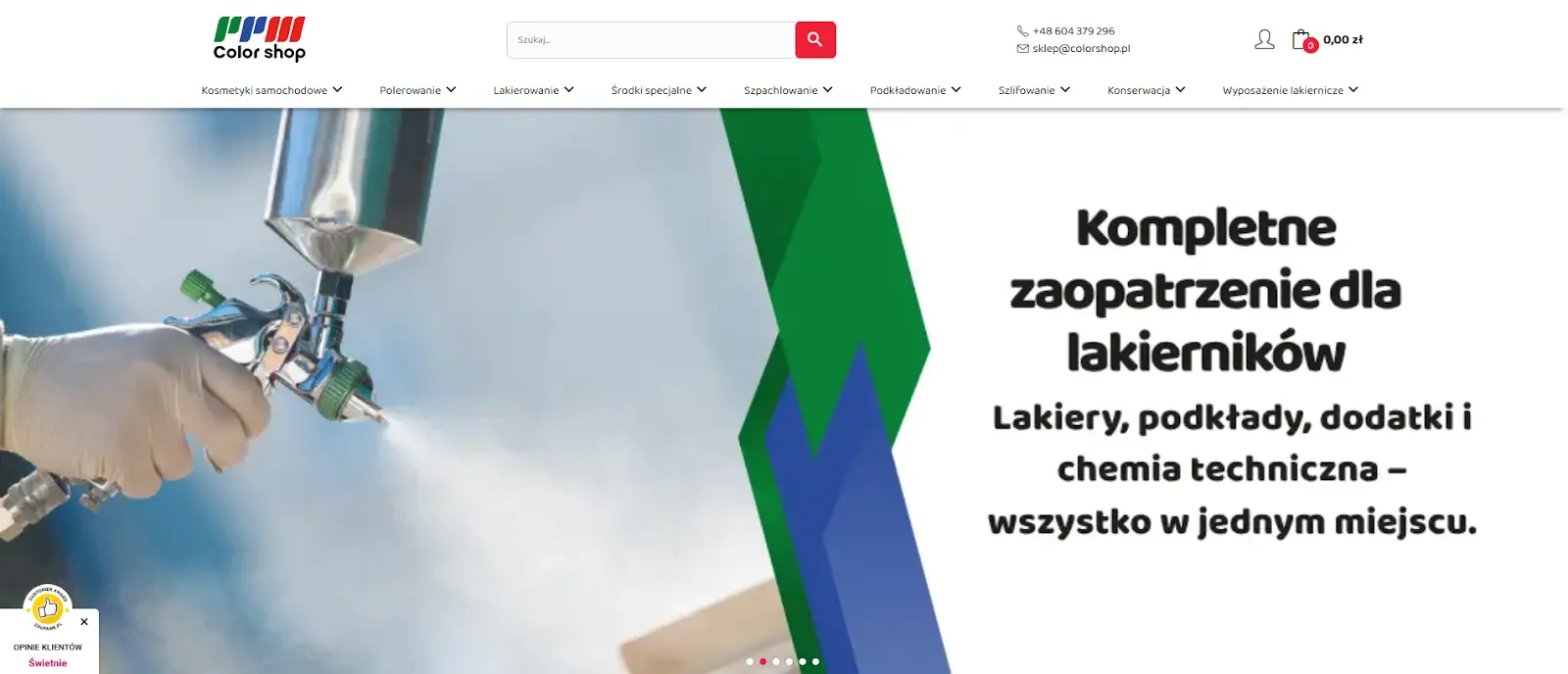 Zrzut ekranu strony głównej sklepu Color Shop z nagłówkiem informującym o kompletnym zaopatrzeniu dla lakierników oraz zdjęciem pistoletu natryskowego