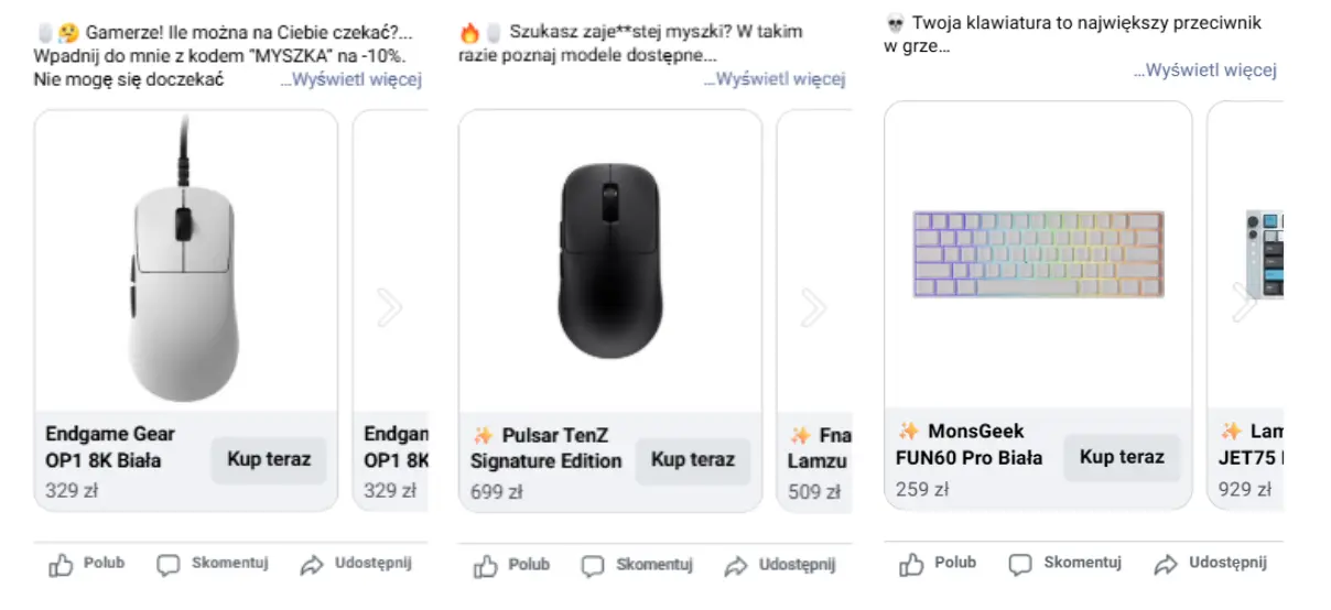 Trzy kafelki reklamowe z Facebooka prezentujące myszki gamingowe Endgame Gear i Pulsar oraz klawiaturę mechaniczną z przyciskami Kup teraz