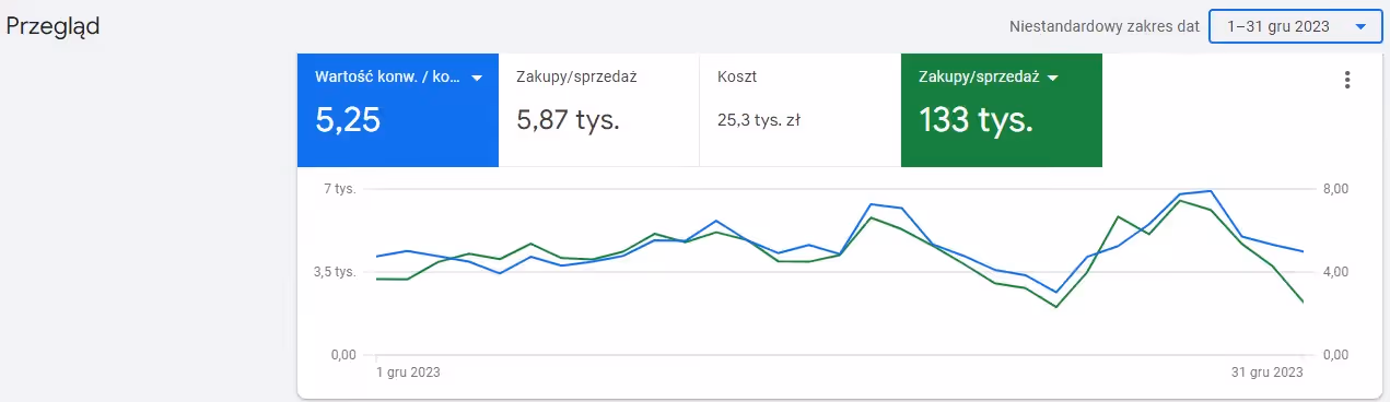 Panel Google Ads: 133 tys. zł przychodu przy koszcie 25,3 tys. zł i ROAS 5,25 w grudniu 2023