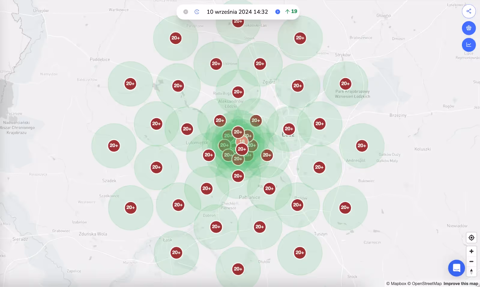 Mapa okolic Łodzi i Konstantynowa Łódzkiego z nałożonym gridem rankingowym pokazującym pozycje powyżej 20. (kolor czerwony) dla wizytówki Google