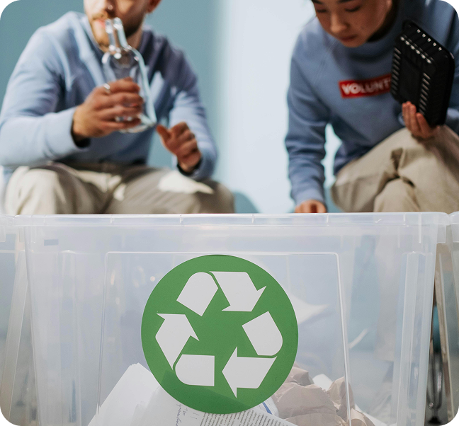 Two people separating waste into a recycling bin