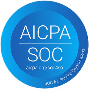 Blue circular badge displaying “AICPA SOC”, the URL “aicpa.org/soc4so”, and the caption “SOC for Service Organizations”.