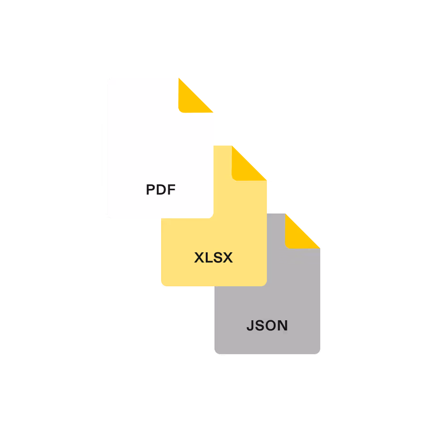 Illustration of three document icons representing different export formats: PDF, spreadsheet, and JSON.