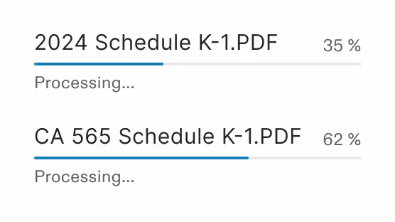 Progress bars indicating the percentage of completion for two documents currently being processed.