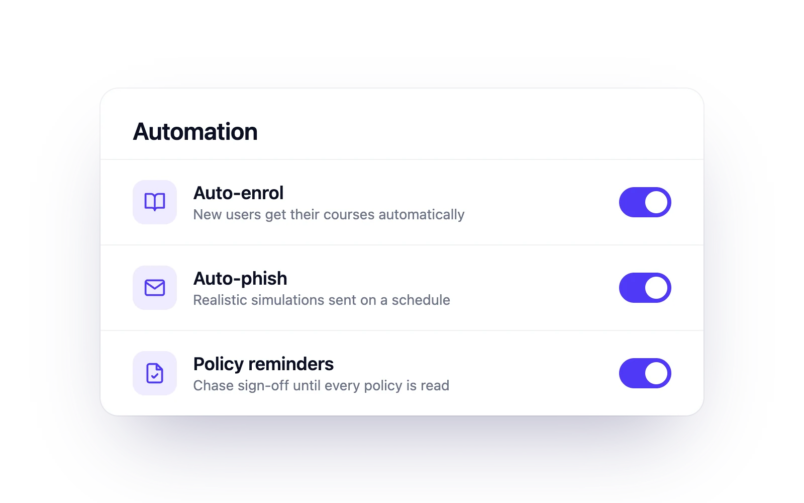 Auto-enrol, Auto-phish and policy reminders switched on