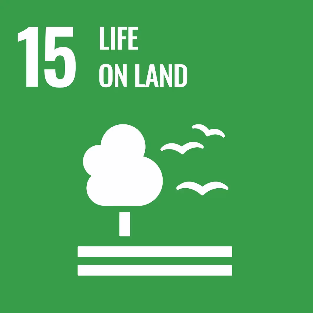 SDG icon representing Life on Land with tree, birds, and green background