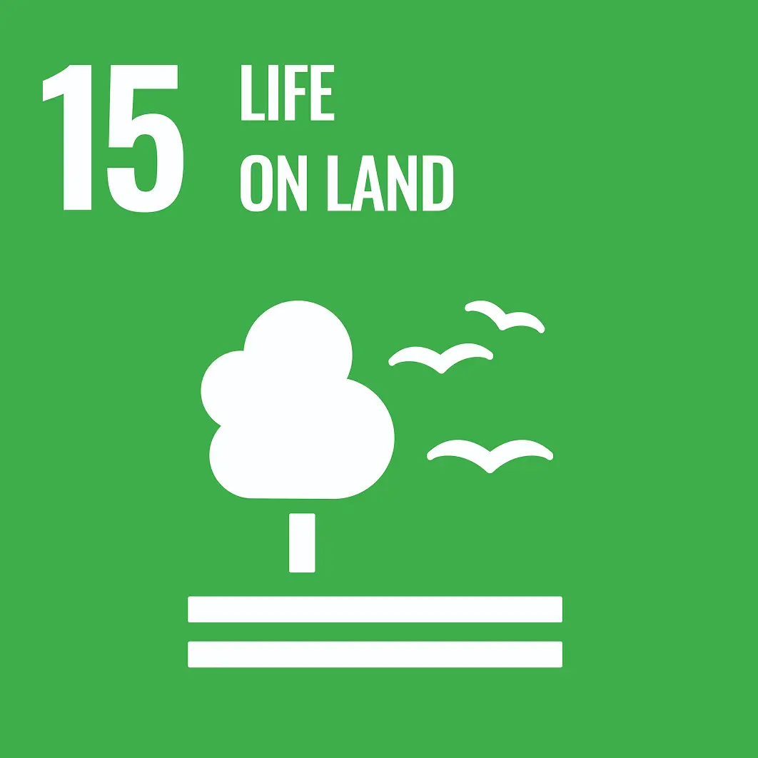 SDG 15 icon representing life on land with tree and birds