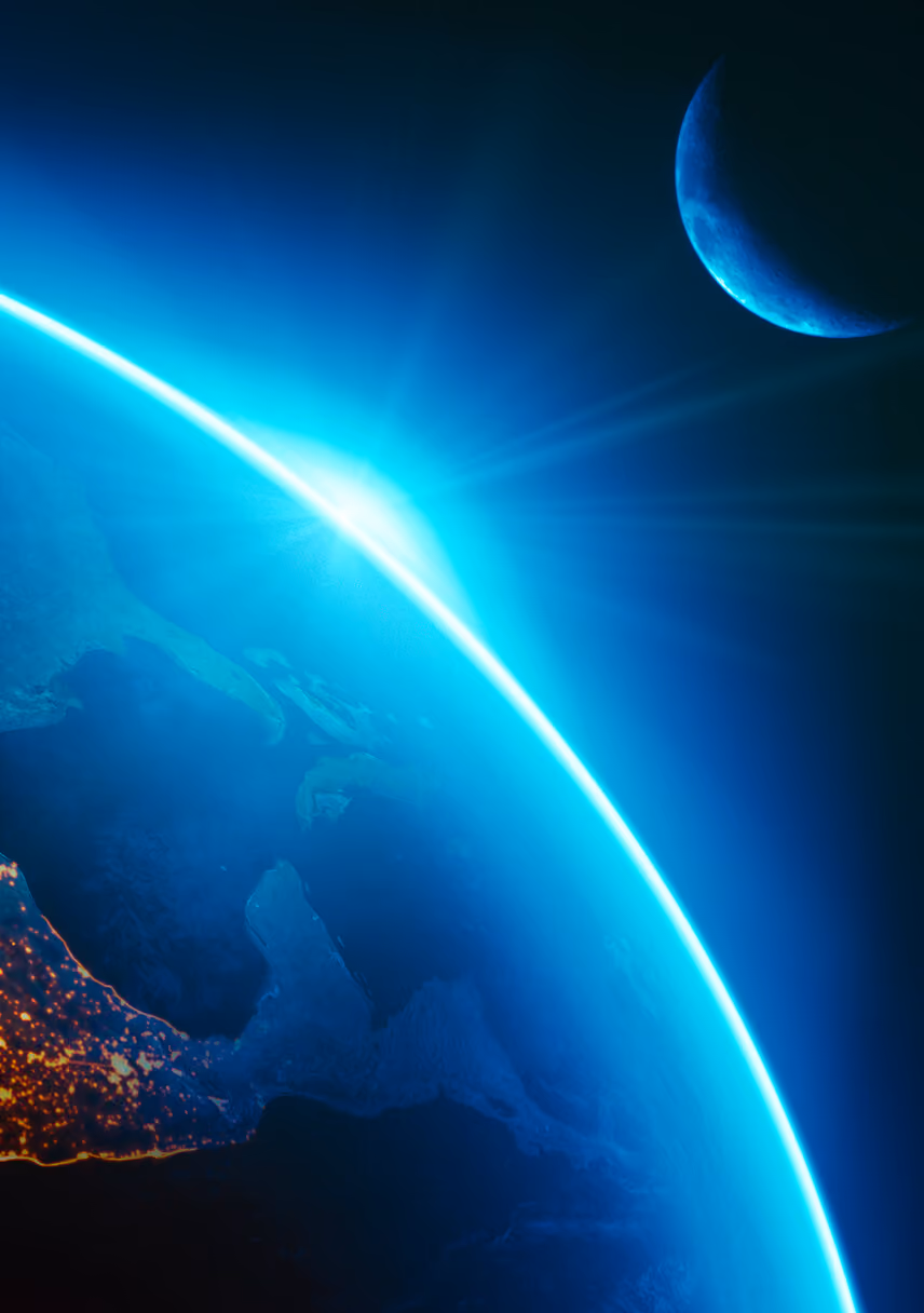 View of Earth from space with city lights visible on land and a glowing horizon, with a partially illuminated moon in the background.