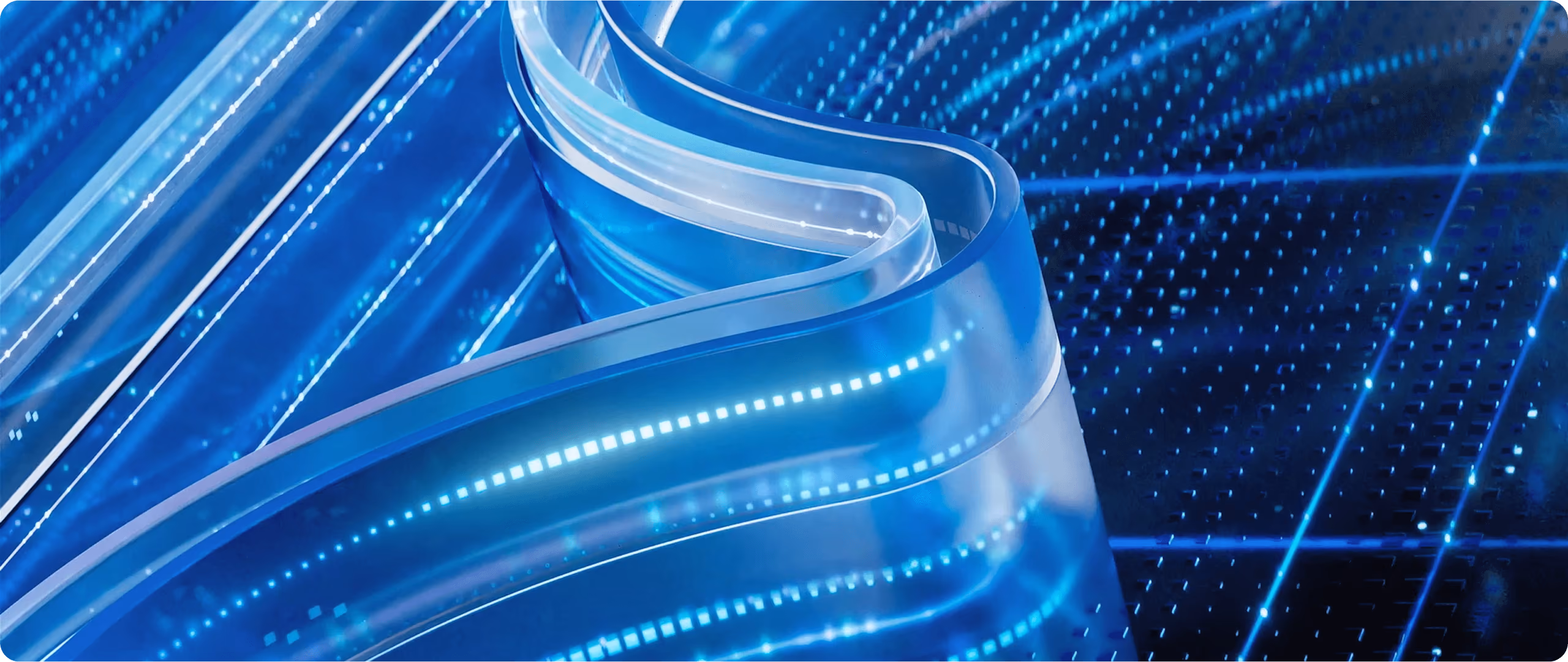 Blue translucent curved ribbon with glowing dotted lines over a dark blue grid with light streaks.