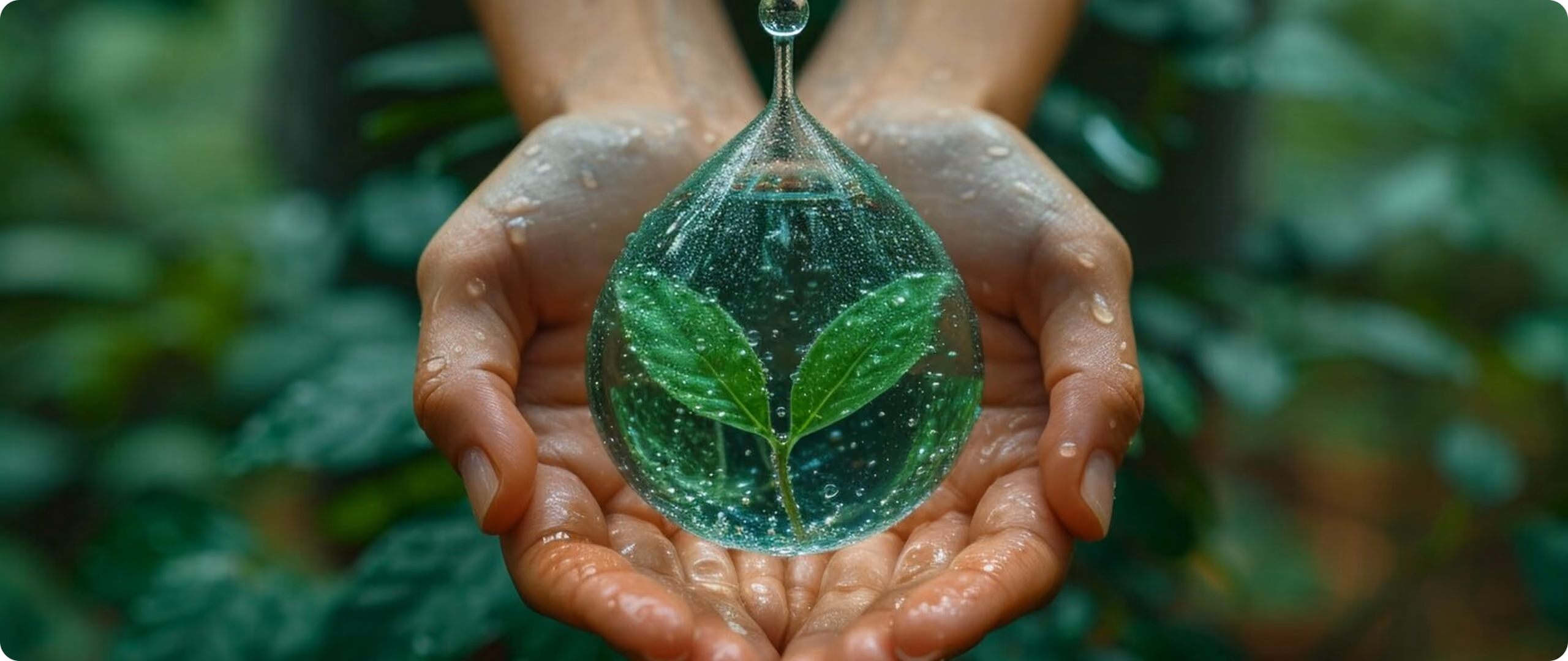 Hands cupping a water droplet containing a small green plant with two leaves against a blurred green background.