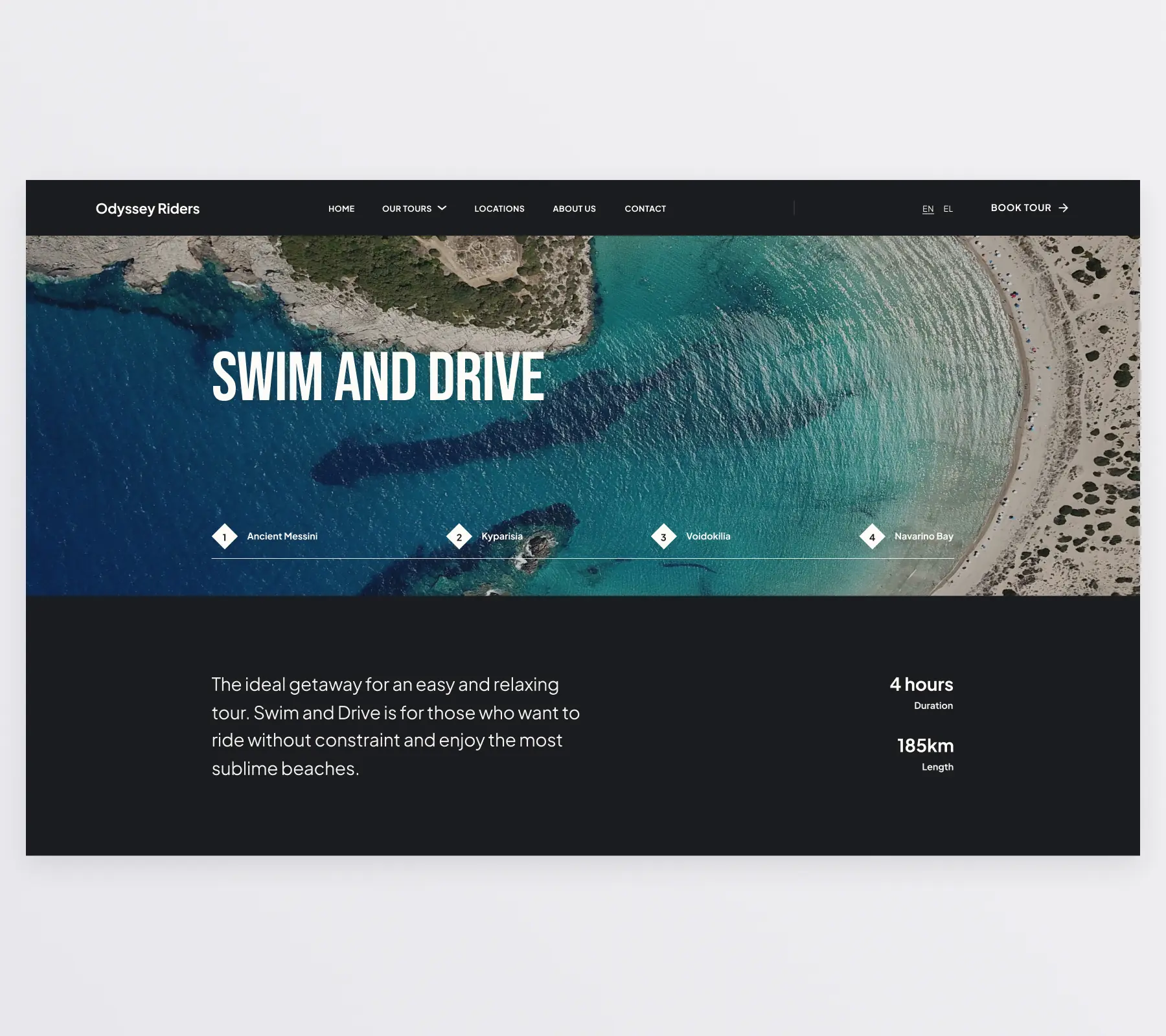 One of the tour pages of the website. The screenshot shows the hero part of the page and an intro text describing the tour. It also highlights the locations the tour includes. In the background is an image of a beach, taken from above. The headline reads “Swim and Ride”, which is the name of the specific tour. The intro text reads “The ideal getaway for an easy and relaxing tour. Swim and Drive is for those who want to ride without constraint and enjoy the most sublime beaches”.
