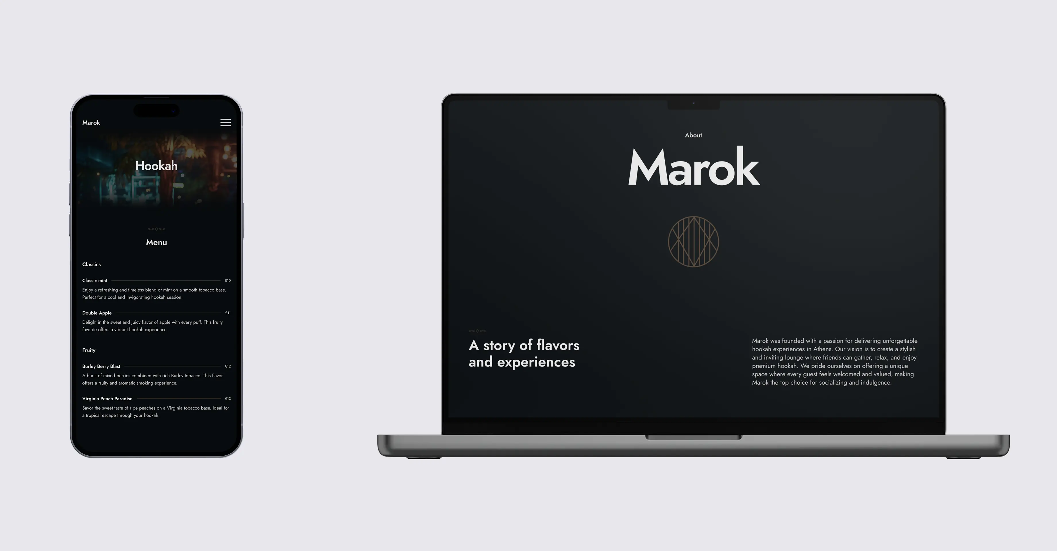 Mockups of a mobile phone and laptop next to each other. Each device shows a different section of the website. The phone shows the menu and the laptop shows a section from the about page. The about page heading reads “Marok”. Below is a subheading with the text “A story of flavors and experiences”. Next to it is a paragraph that describes the goals and vision of the founders.