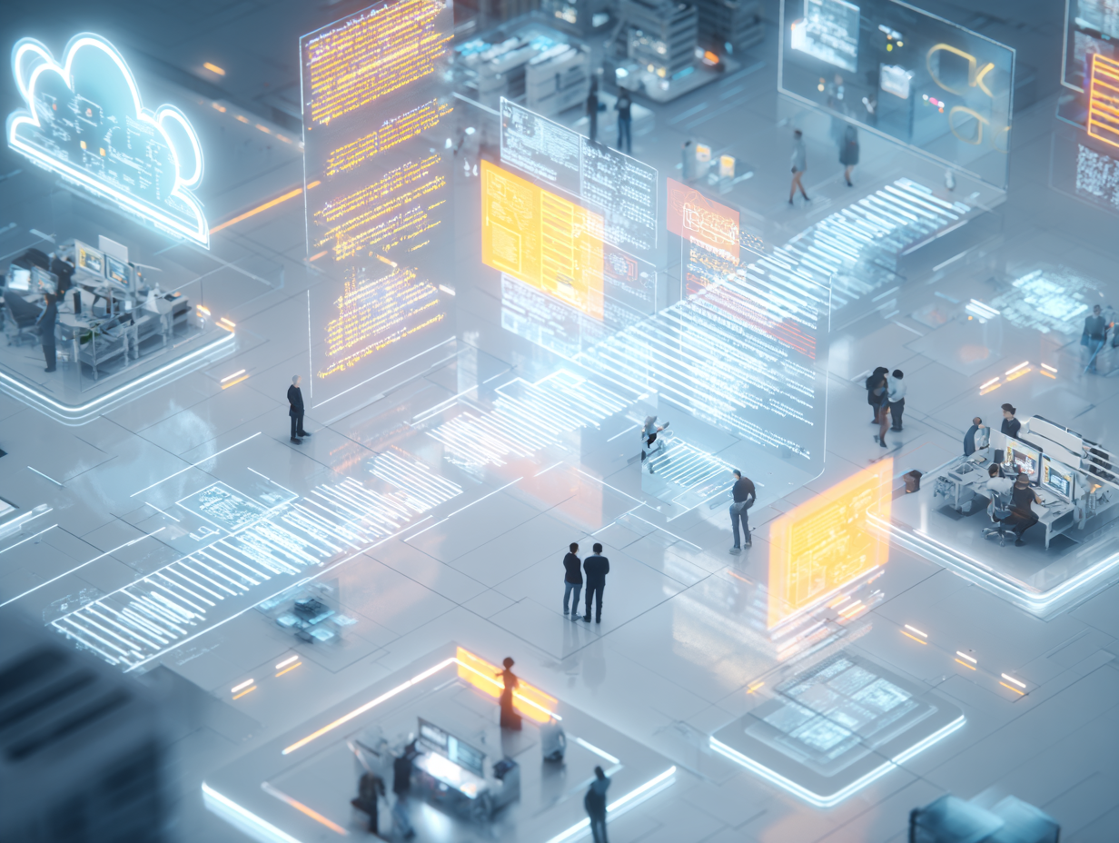 Futuristisches Büro mit Menschen, die holografische Bildschirme mit Code und Daten umgeben, symbolisieren Cloud-Computing und digitale Vernetzung.