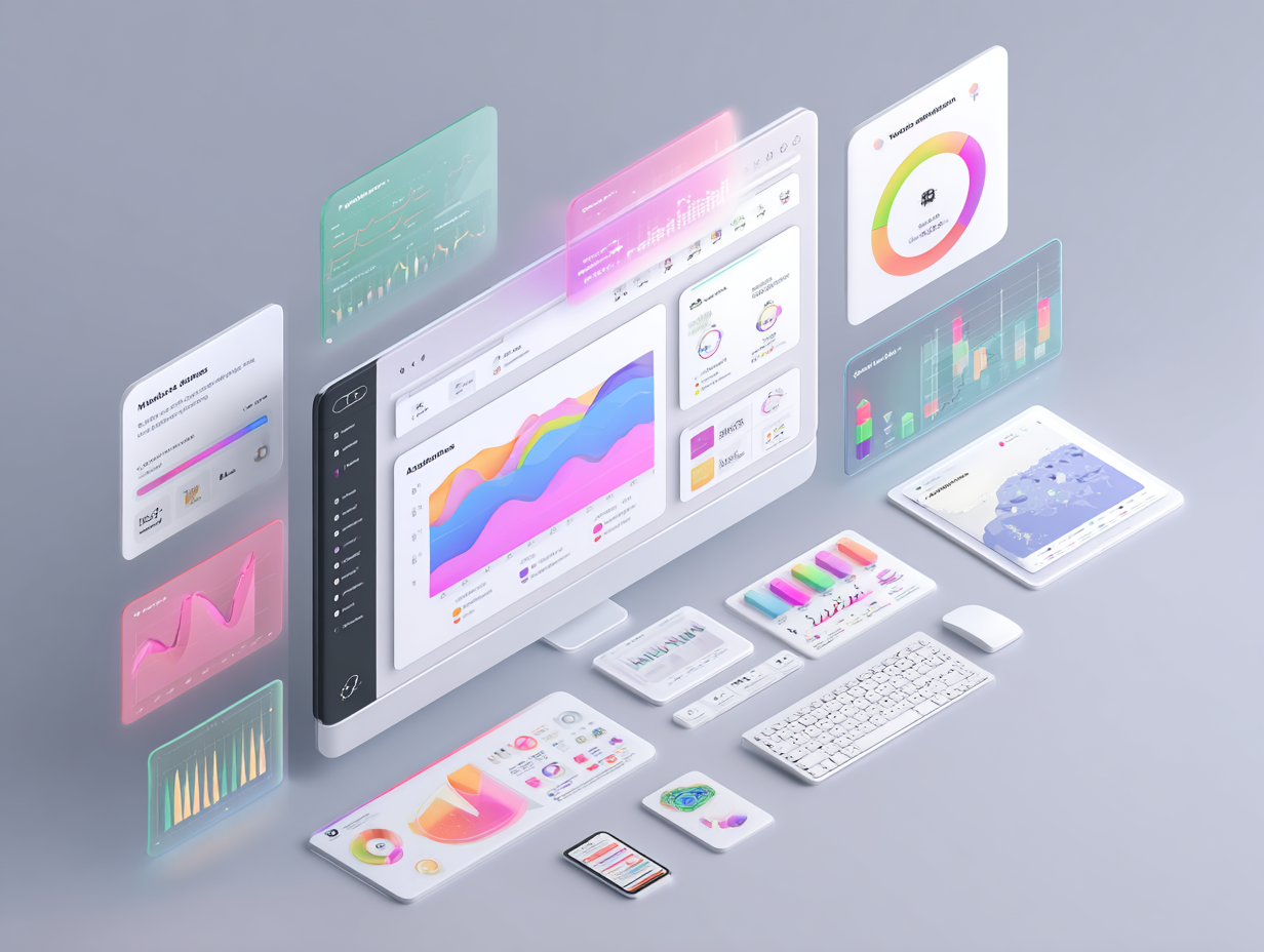 3D-Darstellung eines digitalen Dashboards mit bunten Diagrammen und Grafiken auf mehreren Bildschirmen, Tastatur und Maus vor grauem Hintergrund.