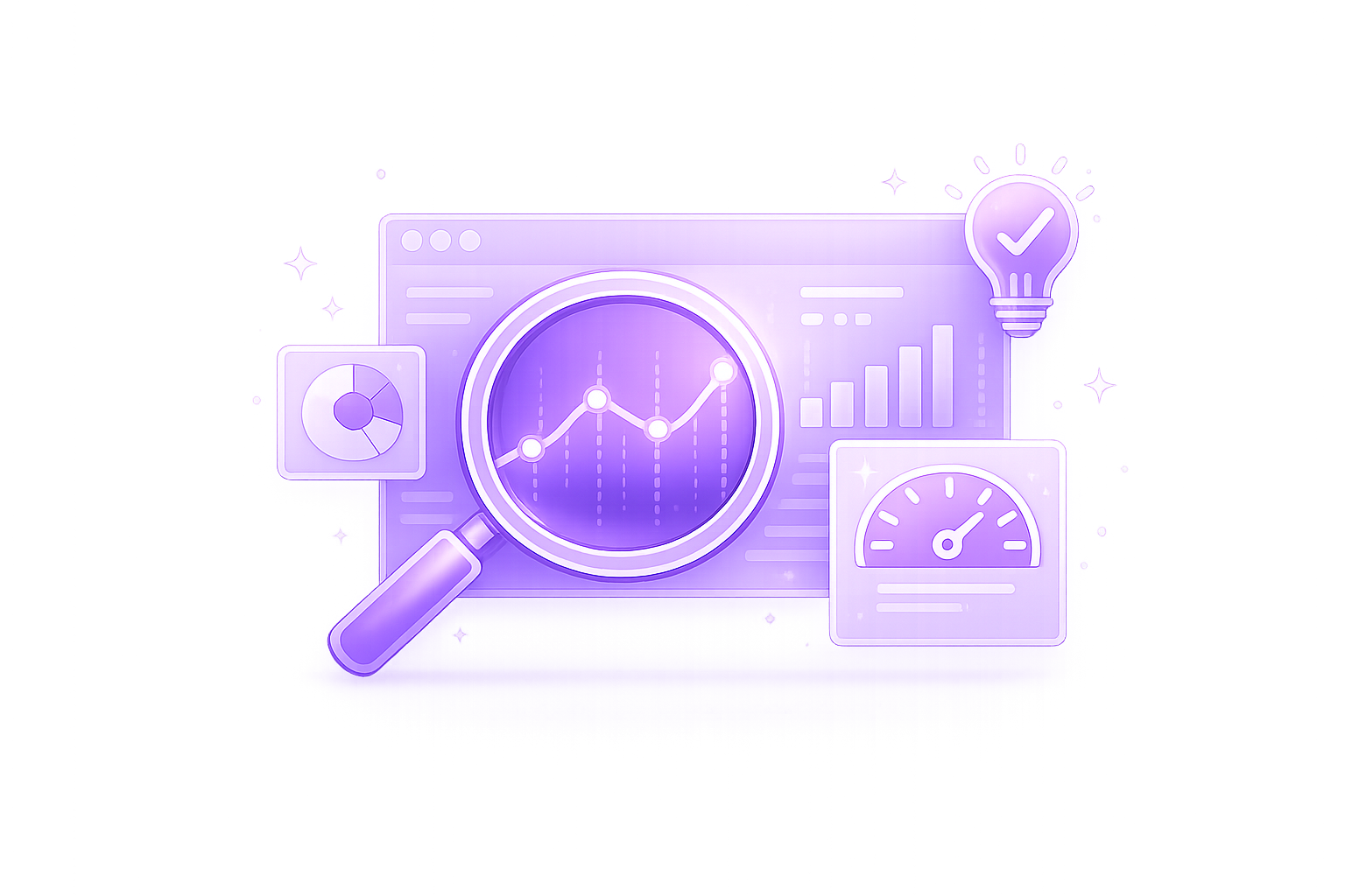 Illustration einer Lupe über einem Diagramm, Balkendiagramm, Tachometer und Glühbirne mit Häkchen.