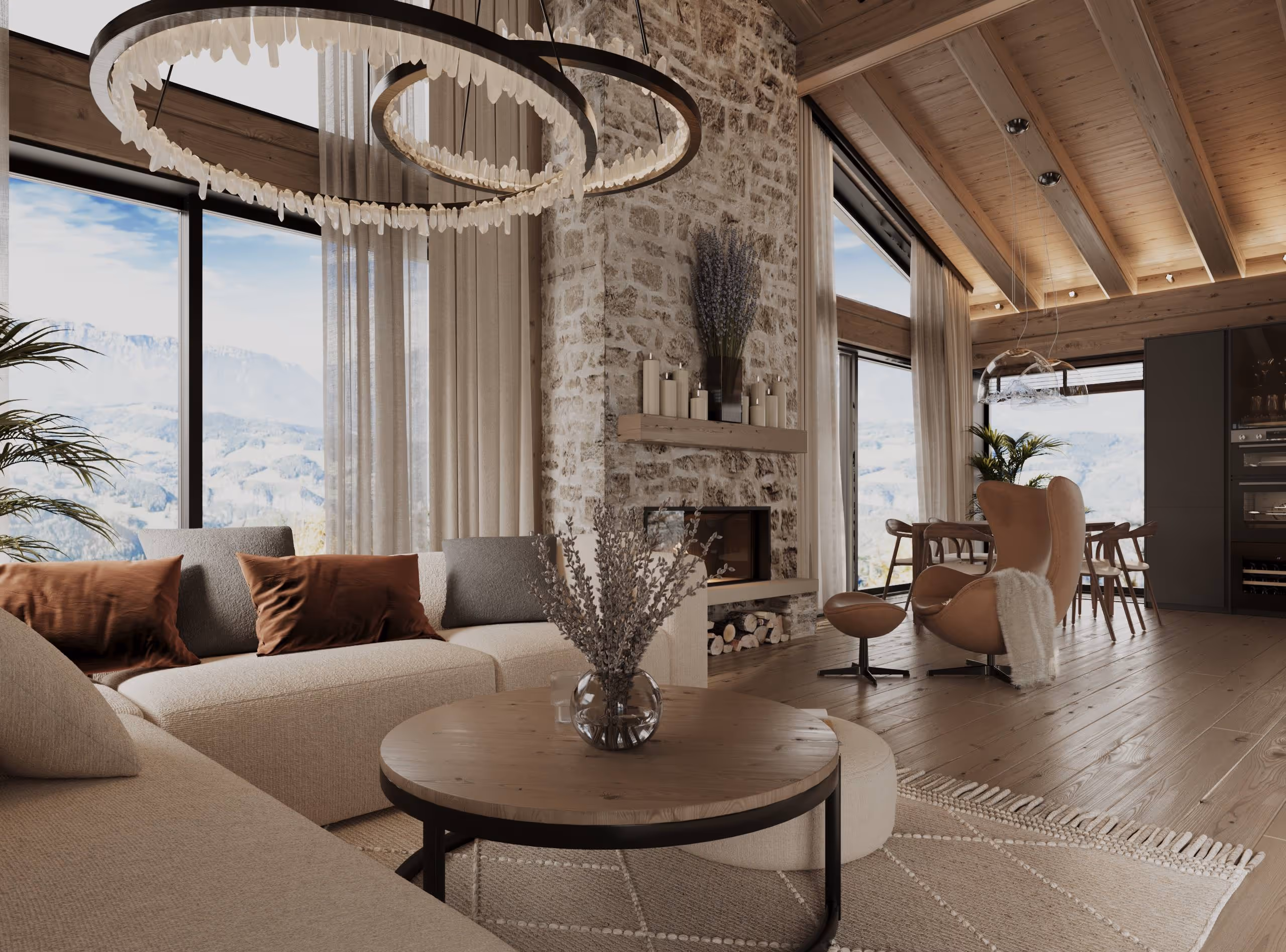 Gemütliches Wohnzimmer im Alpen Traum Chalet – Holzdekor, Kamin, Panoramafenster und alpiner Ausblick.