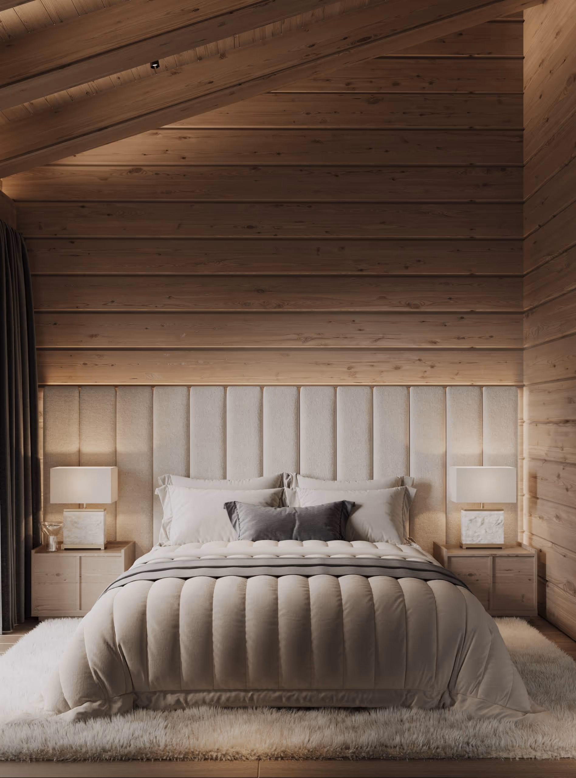 Gemütliches Schlafzimmer im Alpen Traum Chalet – Holzwände, gepolstertes Kopfteil, Nachttische und flauschiger Teppich.