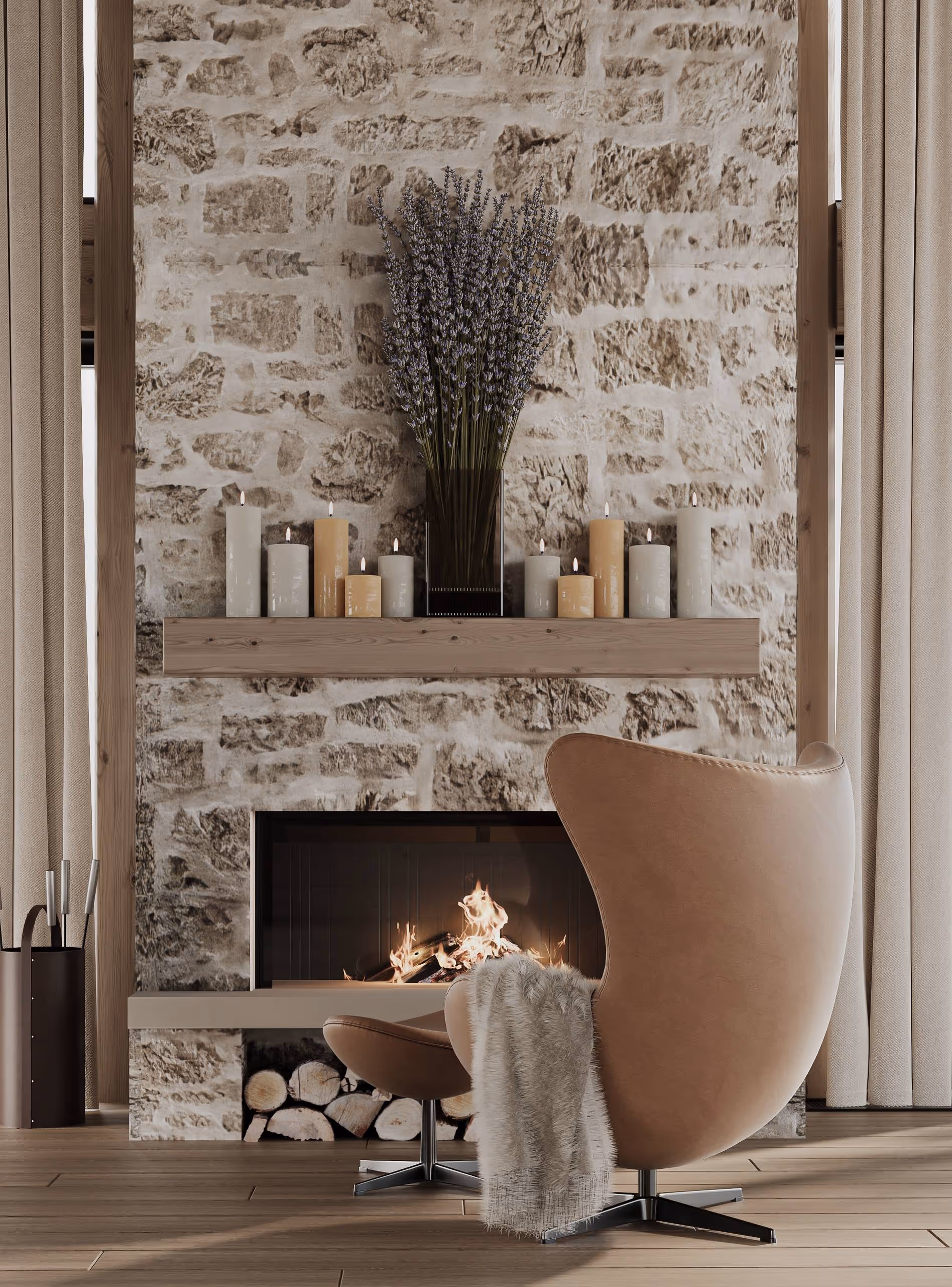 Gemütlicher Wohnbereich mit Stein-Kamin, Ledersessel und Naturdeko im Alpen Traum Chalet.
