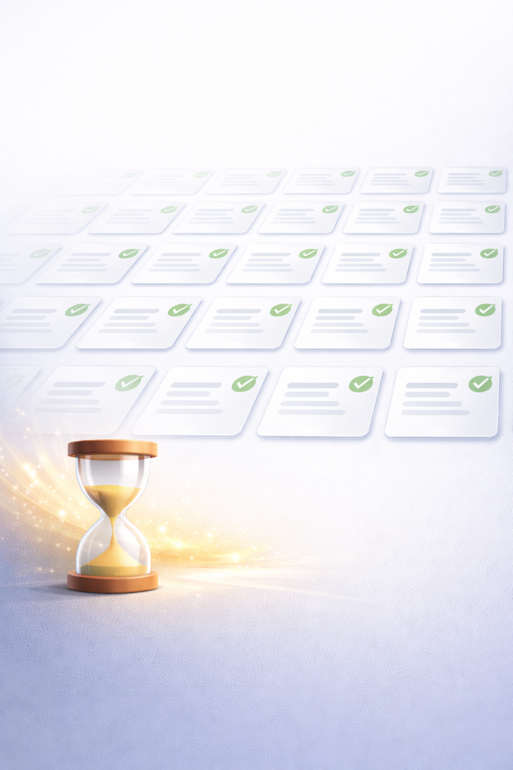 Hourglass in the foreground with a glowing effect beside a large grid of document cards, each marked with a green checkmark, symbolizing time savings and complete, reliable updates.