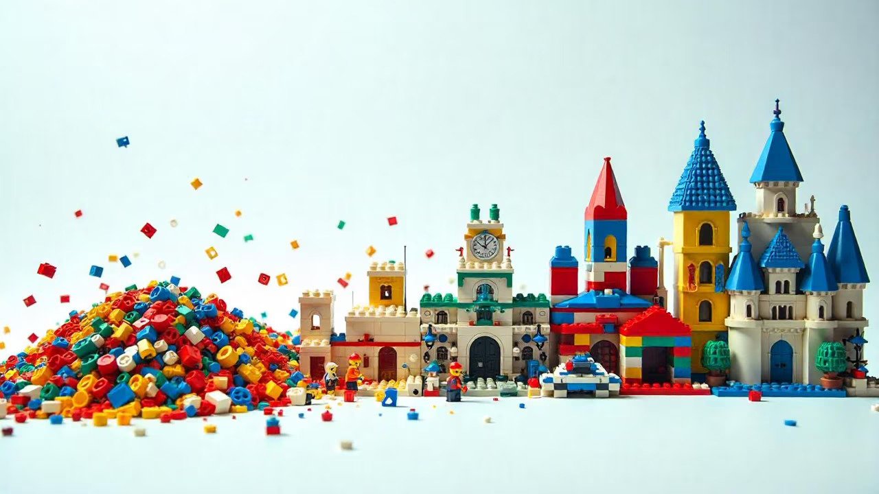 A pile of loose LEGO transforming into beautiful sets - Sort-a-Brick