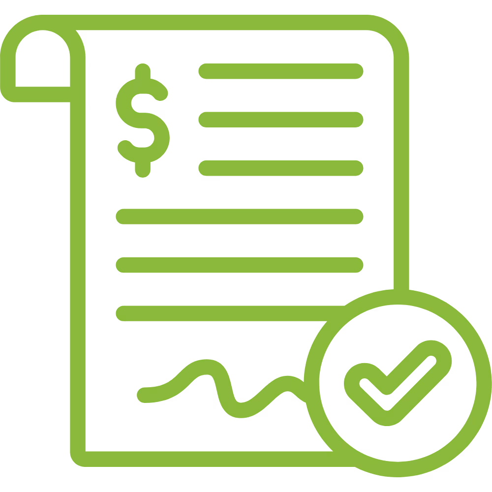 a green line drawing of a paper with a check mark