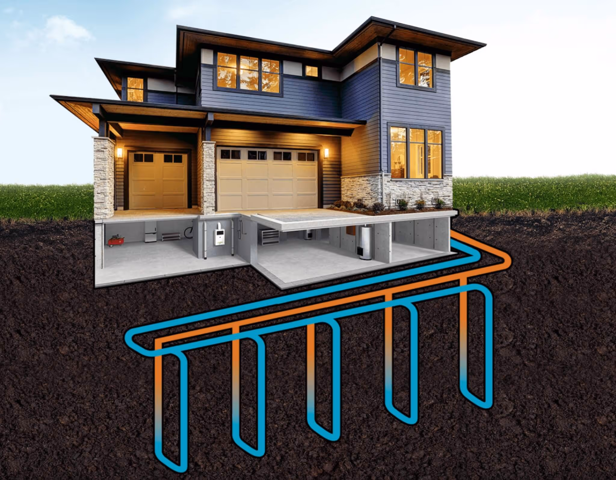 a house with a diagram of a heating system