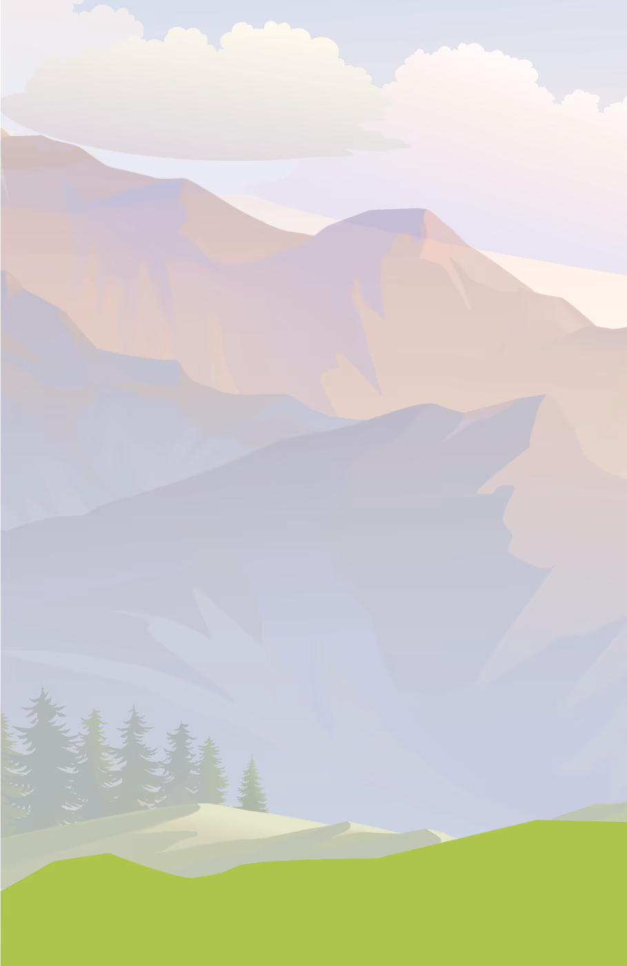 Mountain landscape with trees and green grass, related to heat pump installation in Canada naturally.