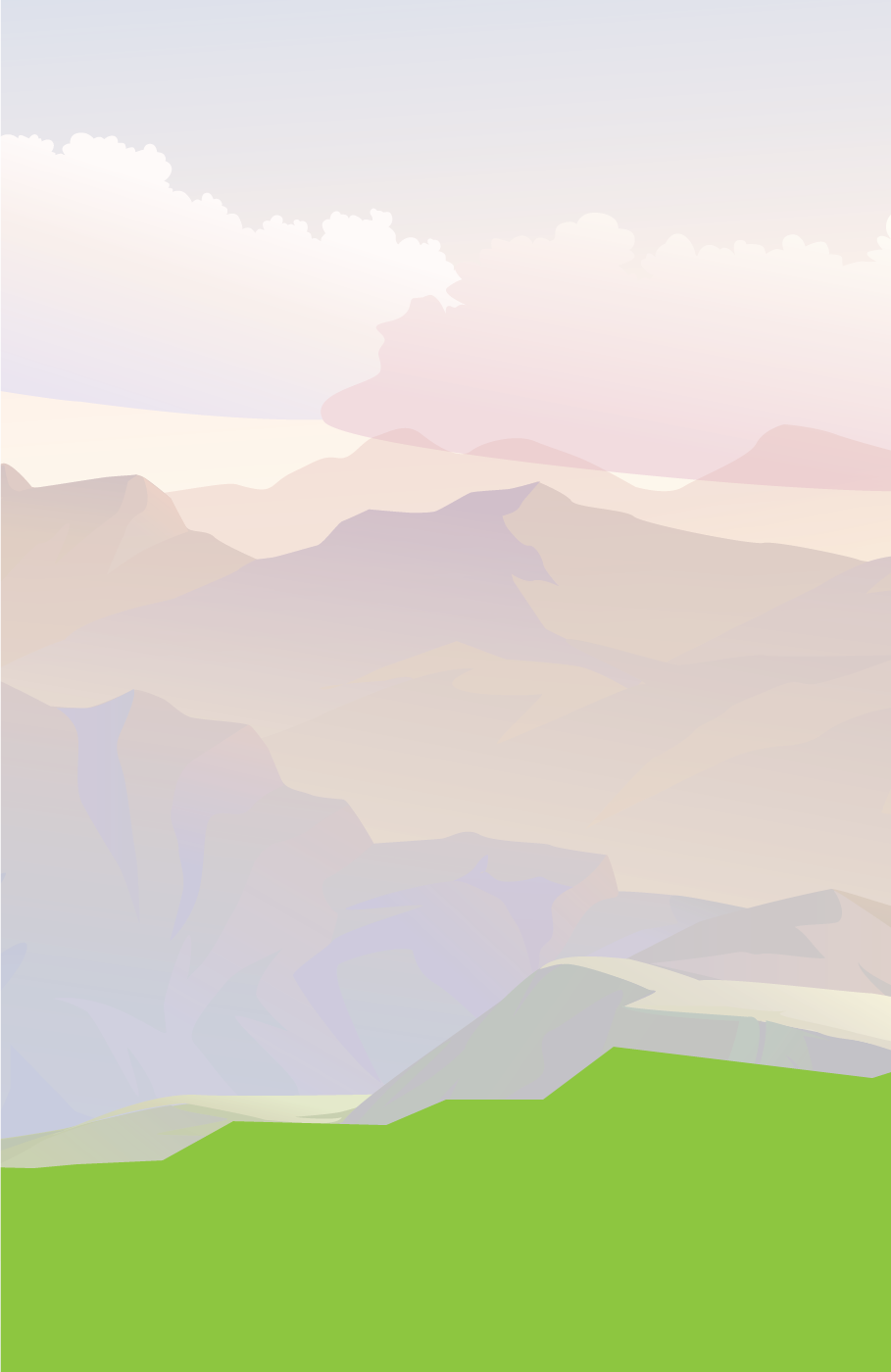 Mountain landscape with green grass and cloudy sky, related to heat pump installation in Canada.