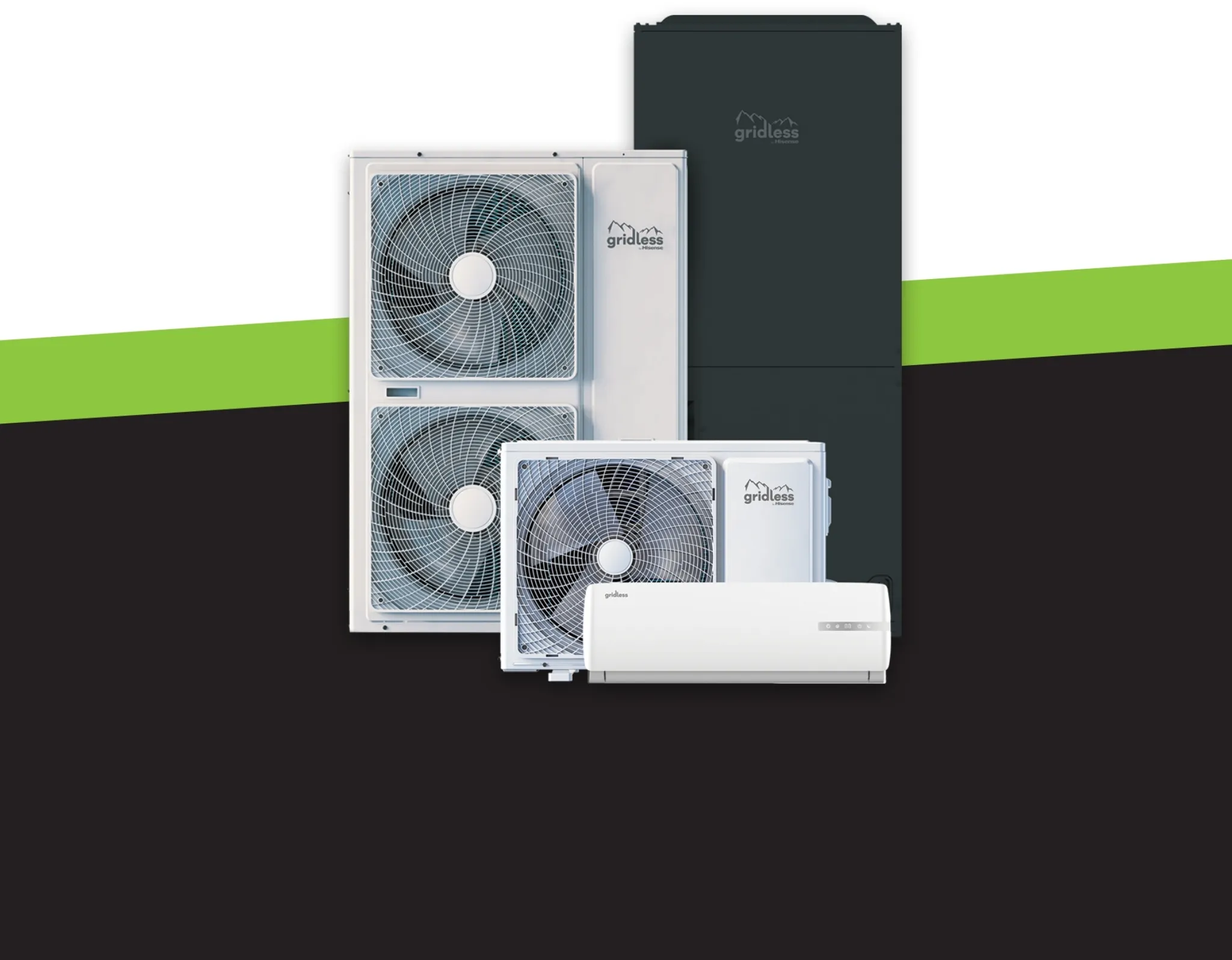 a group of white and black air conditioning units