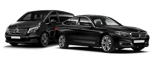 Deux véhicules de luxe stationnés pour un service de chauffeur privé haut de gamme à Cannes.