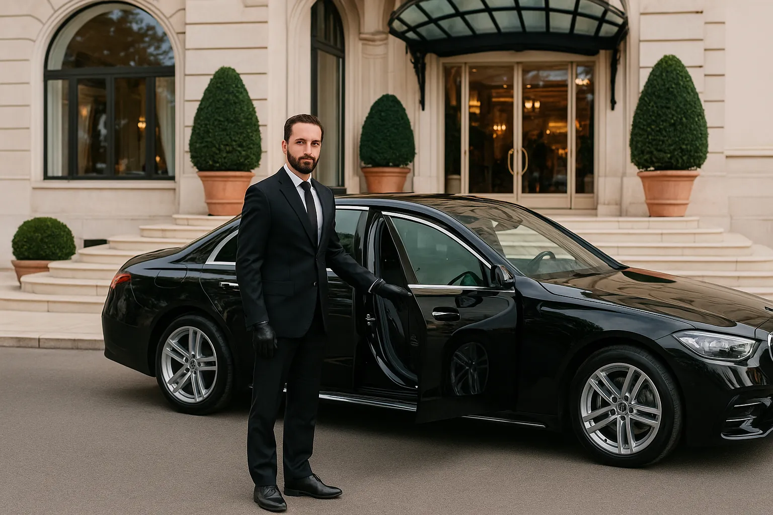 Un chauffeur privé attend son client pour une mise à disposition sur mesure à Cannes, avec le service de luxe Privilege Avenue.