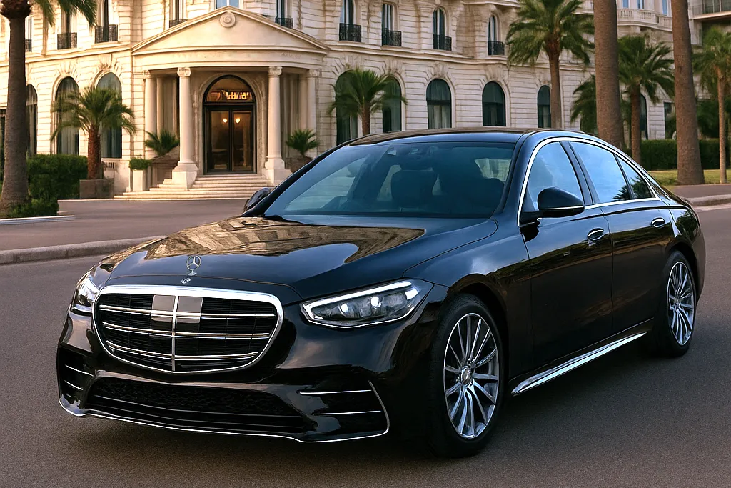 Une Mercedes Classe S circule sur la Croisette à Cannes, offrant un service de chauffeur privé élégant et haut de gamme.