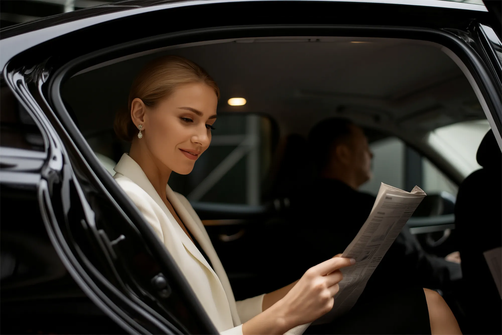 Une cliente lit son journal à l’arrière d’une Mercedes Classe S, profitant d’un service de chauffeur privé haut de gamme.