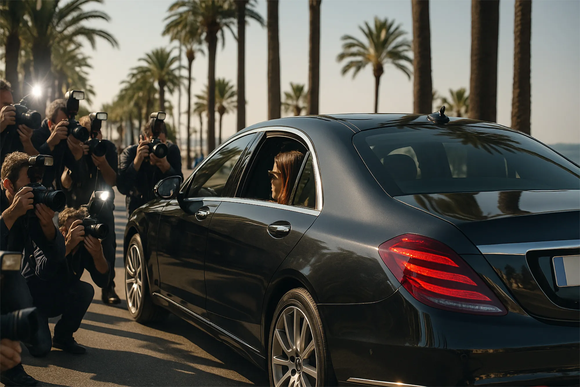 Une Mercedes Classe S transporte un VIP à Cannes, traversant une foule de photographes lors d’un service chauffeur privé.