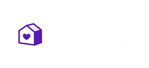 A stylized purple house icon with a white heart shape on the front.