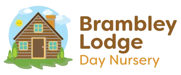 Bramley Lodge Day Nursery logo. Features a cartoon lodge, sun, and trees, ideal for a childcare or preschool website.