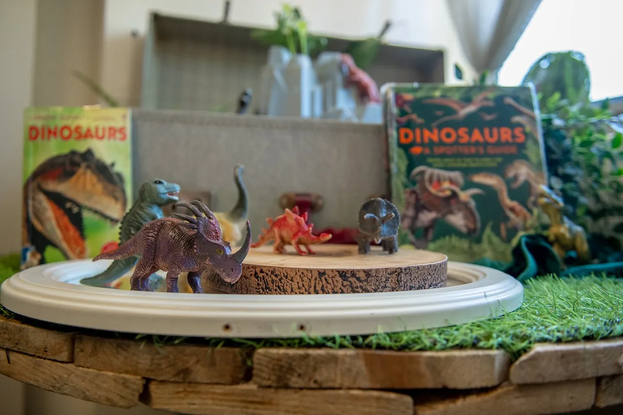 Dinosaur nursery decor featuring toy dinosaurs and dinosaur books for a prehistoric themed baby room.