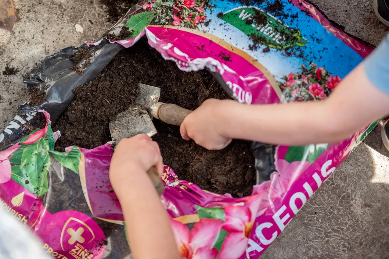 Child using a trowel to dig into a bag of potting soil. Perfect for planting flowers and plants from our nursery.