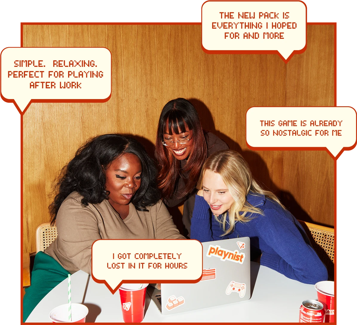 Three women gathered around a laptop with speech bubbles containing testimonials about different gaming experiences.