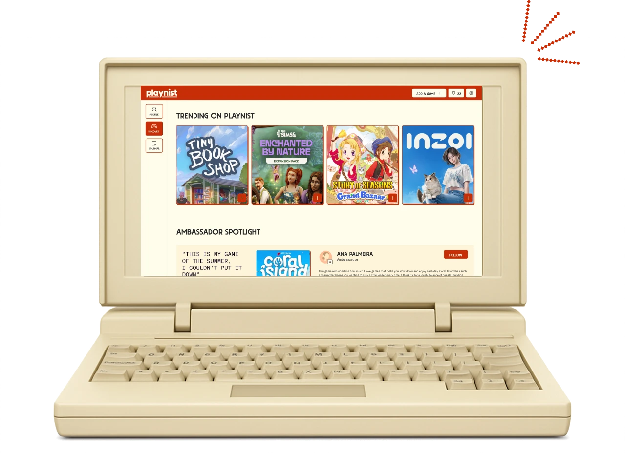 Retro beige computer displaying the Playnist gaming platform interface with game discovery feed.