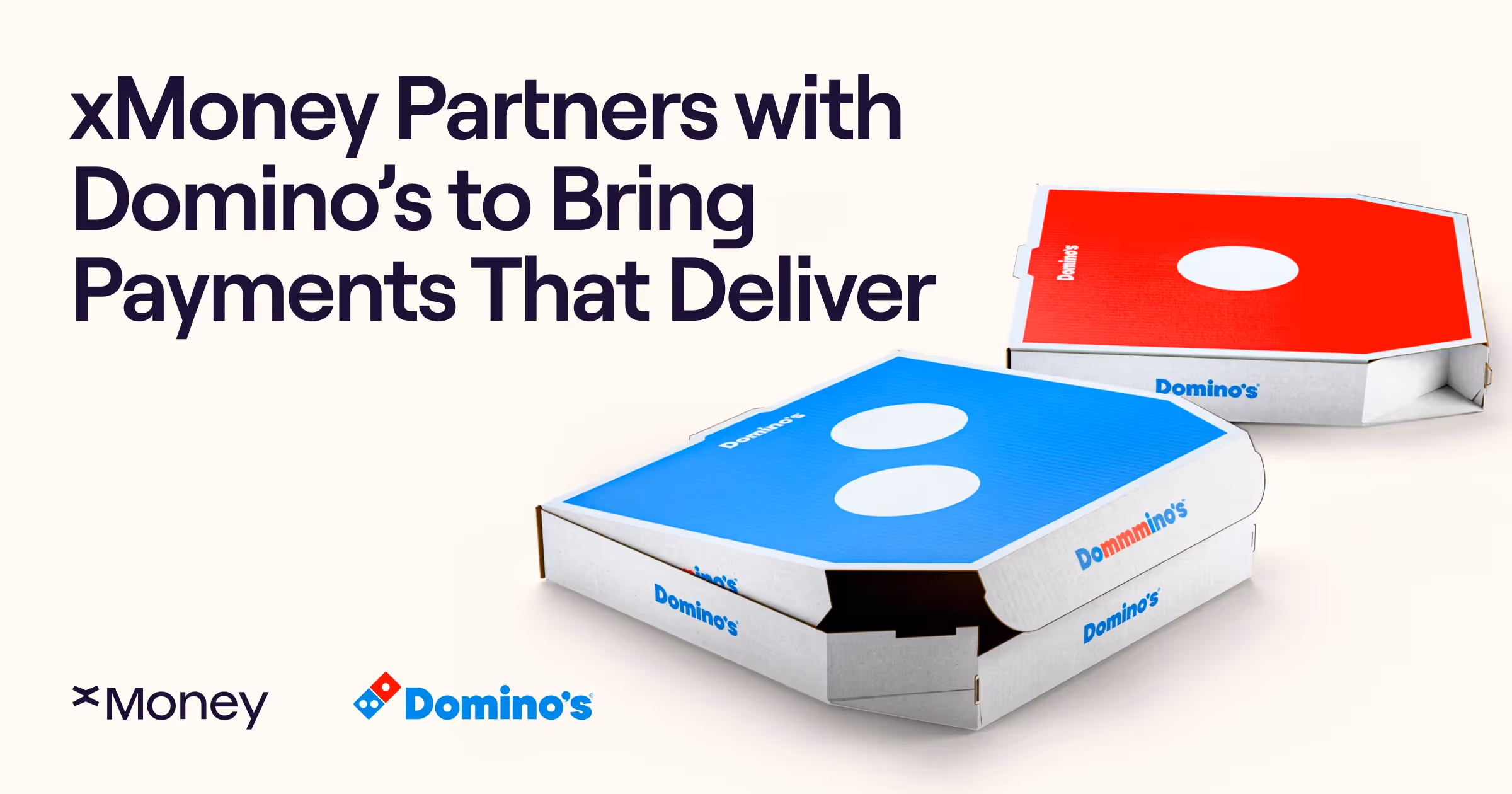 xMoney announces partnership with Domino’s to enable seamless crypto payments for pizza orders, featuring Domino’s branded pizza boxes and xMoney logo.