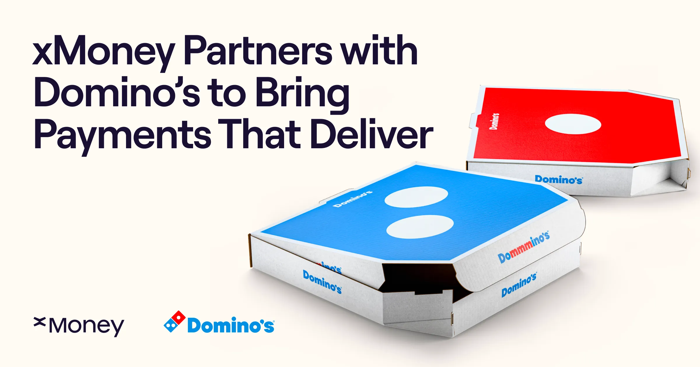xMoney announces partnership with Domino’s to enable seamless crypto payments for pizza orders, featuring Domino’s branded pizza boxes and xMoney logo.