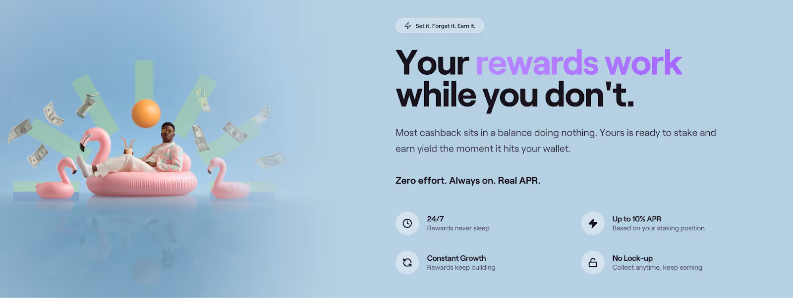 xMoney staking rewards illustration showing passive cashback earnings and up to 10% APR