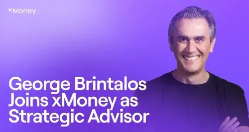 George Brintalos joins xMoney as Strategic Advisor announcement banner with portrait on purple background.