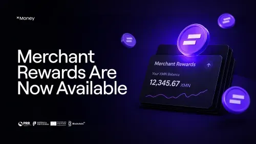 xMoney graphic announcing merchant rewards availability with XMN balance card and floating token icons.