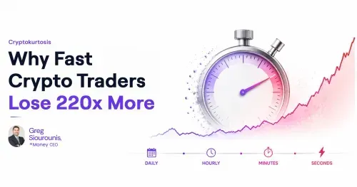Article cover for 'Cryptokurtosis: Why Fast Crypto Traders Lose 220x More' illustrating how high-frequency crypto trading leads to extreme tail risk losses.