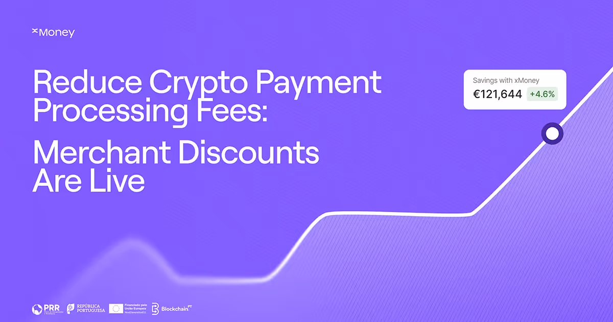 xMoney blog post hero image on a purple background with the title "Reduce Crypto Payment Processing Fees: Merchant Discounts Are Live." A UI card in the top right displays "Savings with xMoney: €121,644 +4.6%" alongside an upward-trending curve graphic. Lo