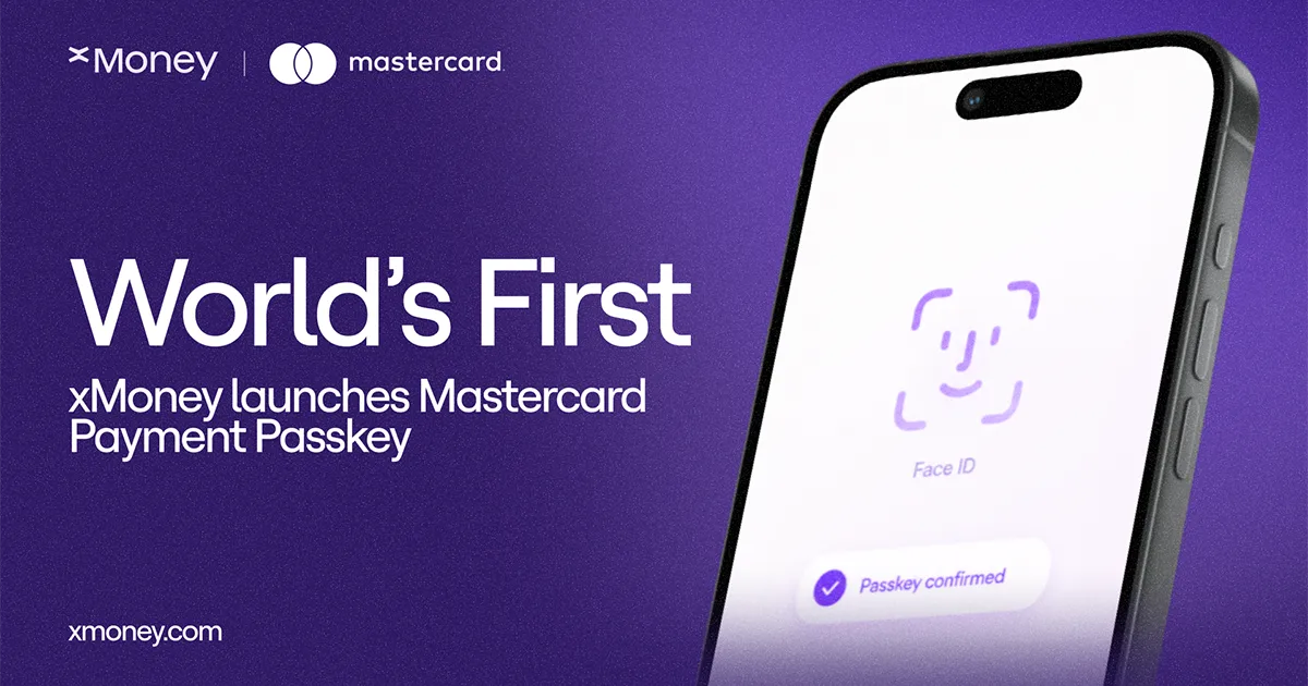 xMoney and Mastercard co-branded banner announcing "World's First: xMoney launches Mastercard Payment Passkey." Features a smartphone displaying a Face ID biometric authentication screen with a "Passkey confirmed" confirmation message, set against a purple