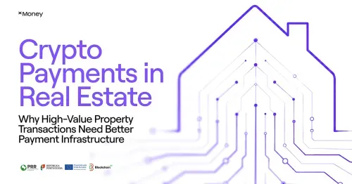 xMoney blog header showing a digital house outline with circuit patterns, titled ‘Crypto Payments in Real Estate’ about high-value property payment infrastructure.