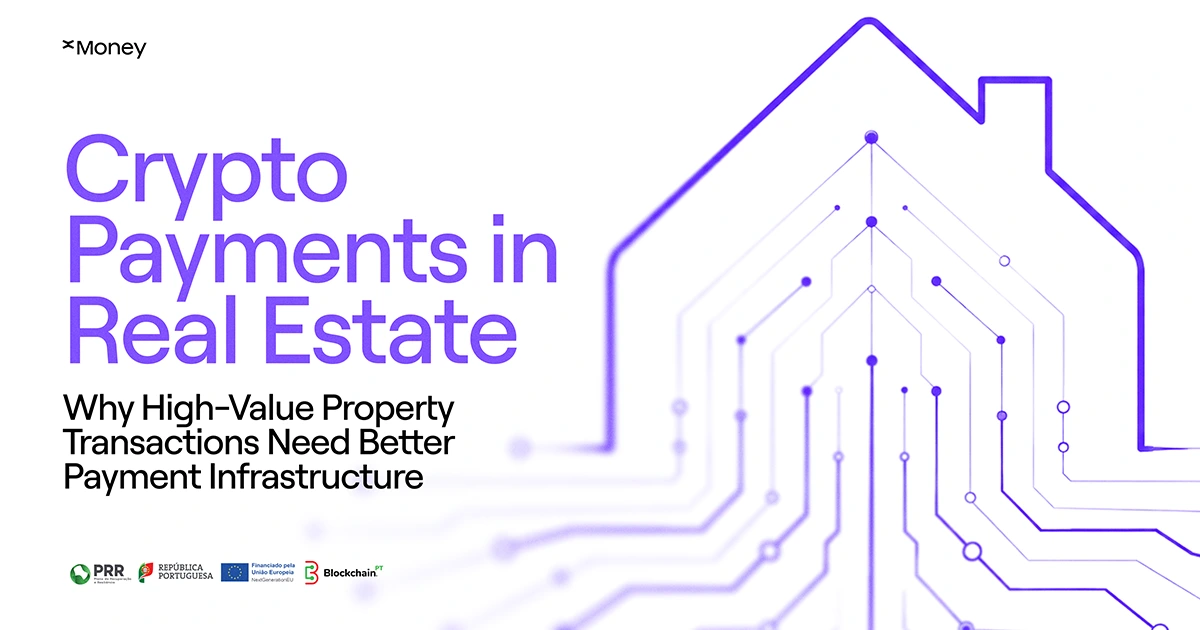 xMoney blog header showing a digital house outline with circuit patterns, titled ‘Crypto Payments in Real Estate’ about high-value property payment infrastructure.